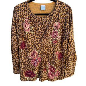 Avon Vintage Womens Leopard Print Rose Floral Knit One Piece Cardigan Sweater M